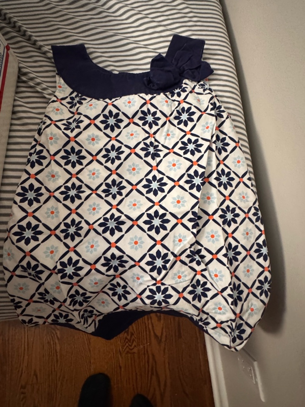 Gymboree Navy and White Floral Geometric Dress with Coral Accents
